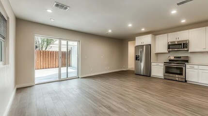 Obraz premium A minimalist kitchen with clean lines, white cabinetry, and stainless steel appliances.