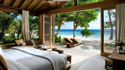 Fototapeta premium A modern villa bedroom with open French windows offering a full view of the beach and sea.