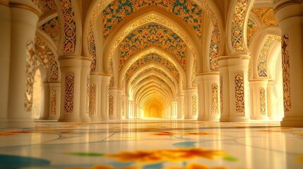 Fototapeta premium Ornate Palace Hallway Golden Arches And Pillars