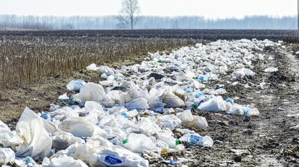 Plastic waste strewn across rural field highlighting environmental pollution issue