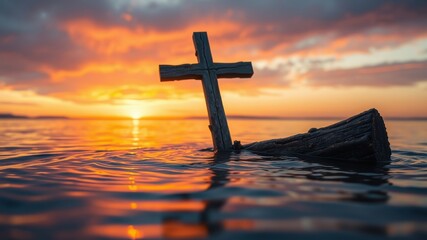 Wooden cross partially submerged in water at sunset with an orange sky and a blurred background