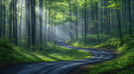 Obraz premium Winding Road Through A Sun Dappled Forest