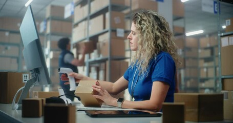 Female logistics specialist scans parcel using barcode scanner, checks data using computer. Sorting center employees checking cardboard boxes for shipping to clients. Load department of postal service