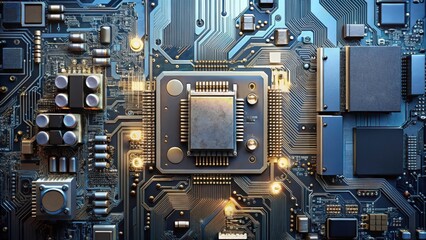 High-tech metallic panel with circuit boards, wires, and microchips