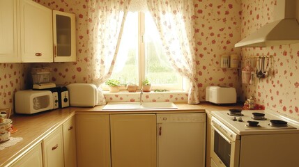Fototapeta premium A rustic kitchen with beige wallpaper featuring small floral prints.