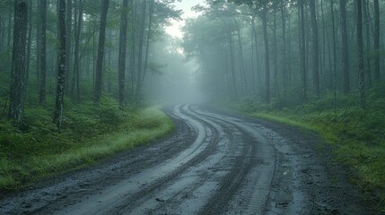Obraz premium Foggy Forest Road Winding Through Lush Green Trees