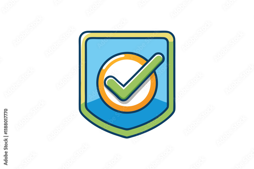 Wall mural cartoon illustration of a verification check mark badge icon in blue and green color scheme for auth