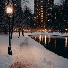 Obraz premium Snowy Central Park Winter Night Illuminated Pathway Cityscape Reflections