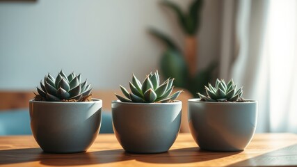 Three Succulents in Gray Pots on a Wooden Table Basking in Warm Sunlight