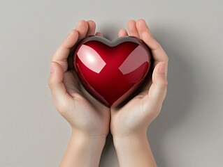 Fototapeta premium A child s hands cupped together holding a bright red heart against a soft beige background with negative space for messaging