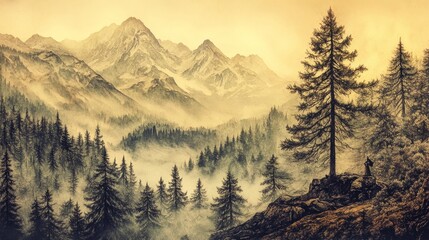 Obraz premium Majestic misty mountains and forest with lone tree at sunrise