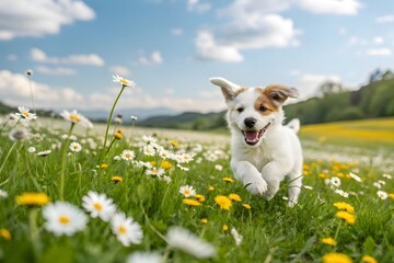 Happy Puppy Running in Spring Meadow Daisies Flowers Pet