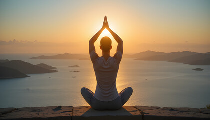Practicing yoga at sunrise overlooking a serene ocean landscape with scattered islands