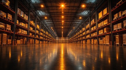 Fototapeta premium A wide-angle view of a massive warehouse, filled with rows of inventory, and large ceiling lights illuminating the space