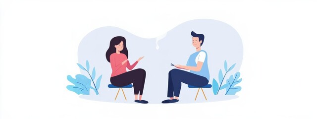 Obraz premium Engaging Conversation Between Two People in a Comfortable Setting with Lively Expressions and Creative Background Elements