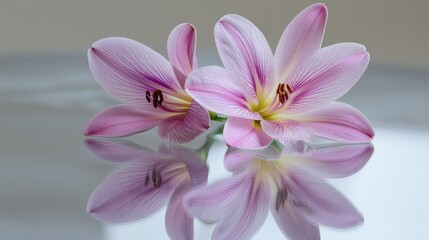Fototapeta premium A single purple lily placed on a reflective glass surface.