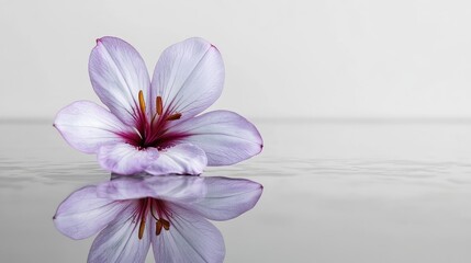 A single purple lily placed on a reflective glass surface.