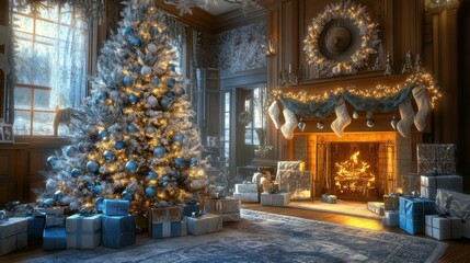 Fototapeta premium A Christmas morning scene with presents under a tree decorated in silver and blue ornaments, ready to be unwrapped in a cozy family home.