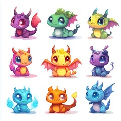 Adorable Baby Dragons Cartoon Illustrations Set
