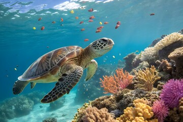 Obraz premium Underwater Sea Turtle Coral Reef Tropical Ocean Marine Wildlife