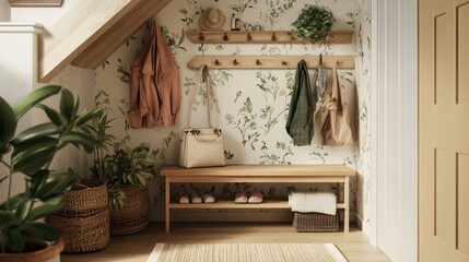 Neutral textured wallpaper in a hallway with wooden accents.