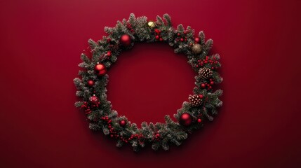 Obraz premium A circular frame made of fir branches and festive ornaments, set against a rich red background, leaving space for adding a Christmas greeting or special offer.