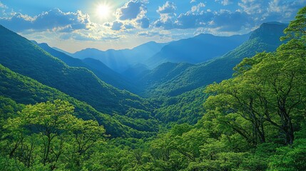 Fototapeta premium Sunlit Green Mountains Under a Blue Sky