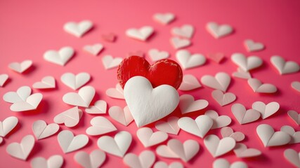 Fototapeta premium A single white heart with a red heart on top, surrounded by a field of pink paper hearts on a pink background.