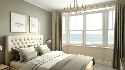 A tranquil, coastal bedroom with soft neutral tones and a breathtaking sea view.