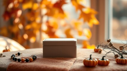 A close-up of a white box placed on a peach colored fabric with wooden beads and miniature pumpkins.  The background is a window with blurry golden leaves.