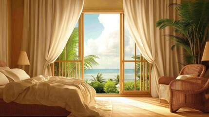A tropical-themed bedroom with wicker furniture and a window opening to a tranquil sea view.