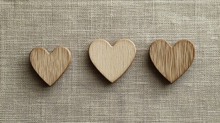 A minimalist arrangement of three wooden hearts of varying sizes on a textured fabric background