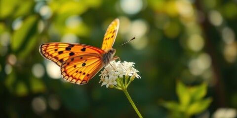 Obraz premium A Vibrant Orange Butterfly with Black Spots Perched on Delicate White Flowers Against a Soft Green Background