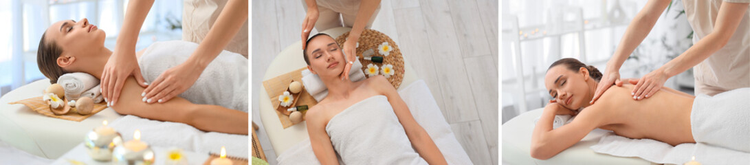 Obraz premium Collage of woman getting massage in spa salon