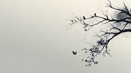 Silhouetted Tree Branch Birds and Blossoms in Fog