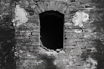 Burned brick wall window, ruin, urban decay, dark, history, texture, background