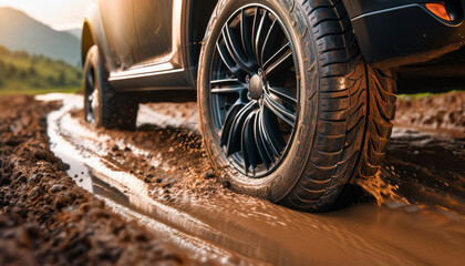 Close up of a car wheel of a heavy car driving through the mud
