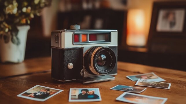 A vintage Polaroid camera on a wooden table, with scattered instant photos.