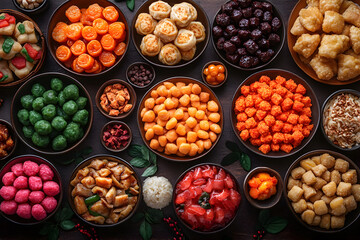 Top down view of traditional Chinese snacks celebrating Chinese new year