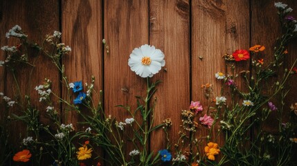 Obraz premium A white carnation surrounded by smaller wildflowers, placed on a wooden surface.