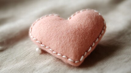 A single felt heart in soft pink, stitched with white thread, placed on a neutral surface