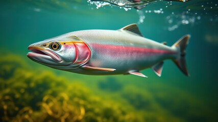 A close-up view of a silver salmon swimming in a clear, teal river, its pink stripe shimmering under the water's surface
