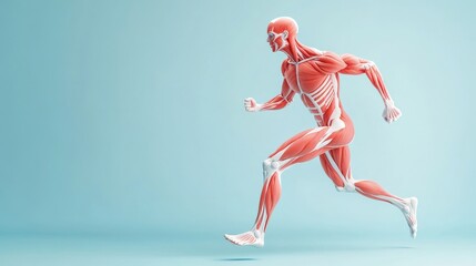 3D Anatomical Model of Human Body in Motion, Displaying Muscular System and Skeletal Structure While Running Against a Soft Blue Background