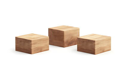 wooden square cube podium stages with wood block platforms on white background for product display, featuring three realistic wooden cubes ideal for exhibition showcase or stand pedestal.