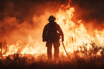 Fototapeta premium A brave firefighter stands amidst a massive wildfire, against a wall of towering flames that stretch high into the smoky, orange-hued sky