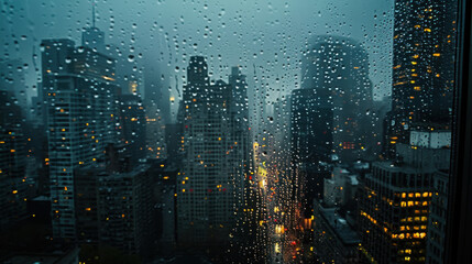 Misty skyline of skyscrapers on a rainy day with wet glass window blurring the city view at night