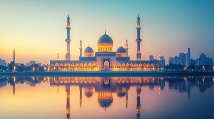 Obraz premium Majestic Mosque Reflecting in Calm Waters at Dawn