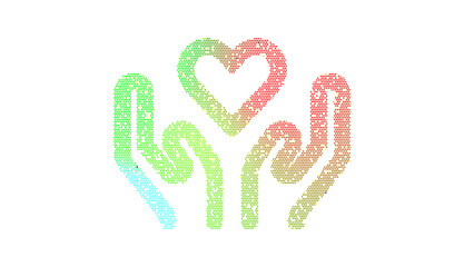 Icon hands heart is made up of LED square shapes. There are bright diodes and there are black dead diodes