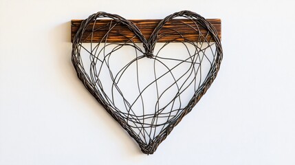 A wire heart design mounted on a wooden frame, displayed against a white background