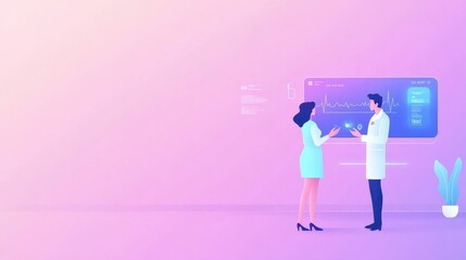 Medical consultation in a modern clinic with doctor and patient discussing health information against a stylish digital interface in soft pastel colors